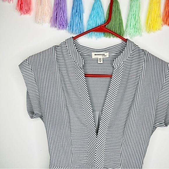 Monteau Stripe Business Casual Short Sleeve Office Career Blouse Shirt Small - Picture 3 of 10